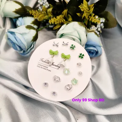 7 Pairs Green Clover Stud Earring Set (1 Pata)